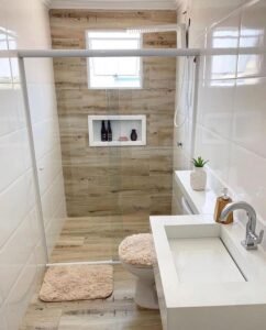 Banheiro elegante em tons neutros, com cuba…